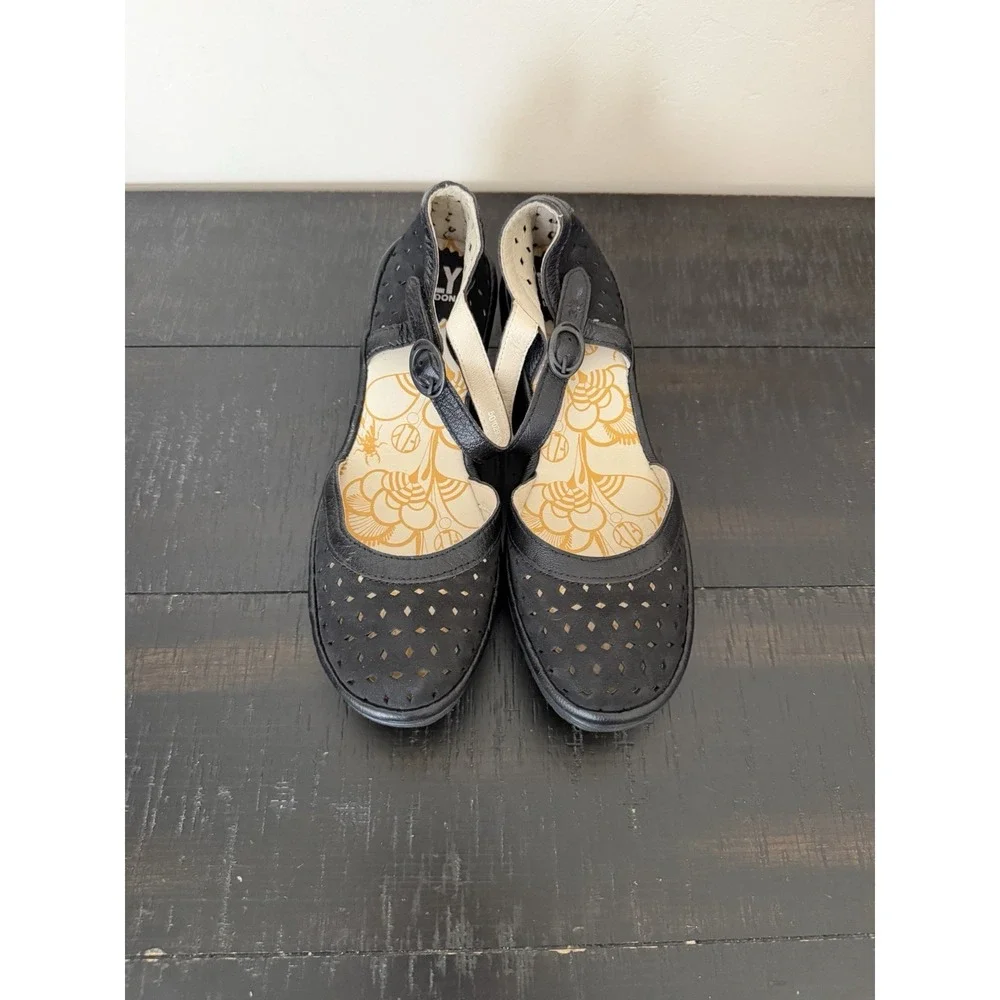 Fly London Then Cupido Black Wedges Size EU 38 US 7.5 Comfort Casual Work Office